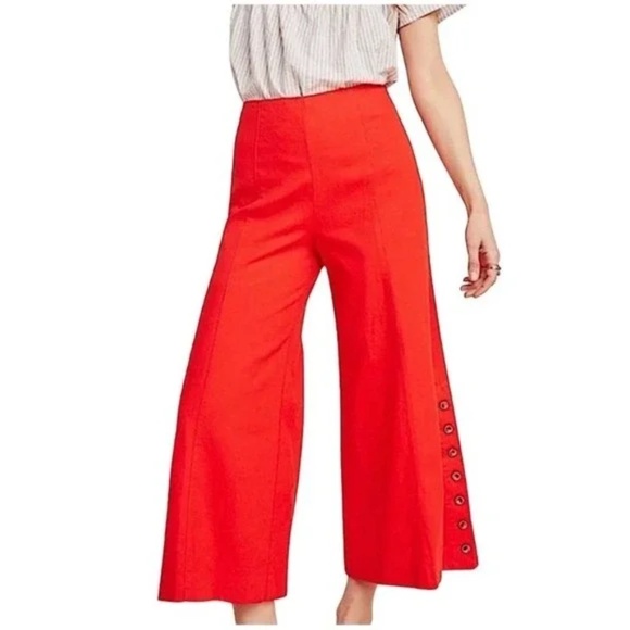 Anthropologie Palazzo Pants Red Linen Stretch Ankle Button Side Zip Womens 8 - Picture 1 of 11